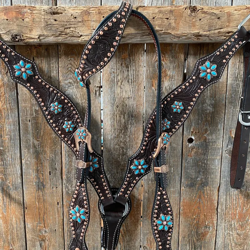 Dark Oil Turquoise Floral One Ear / Browband & Breastcollar Tack Set #Oebc433 1