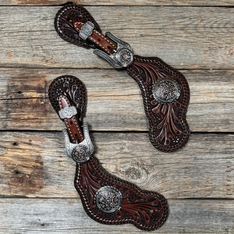 Dark Oil Whipstitch Copper Flower Spur Straps - Western Conchos #Ss135 1