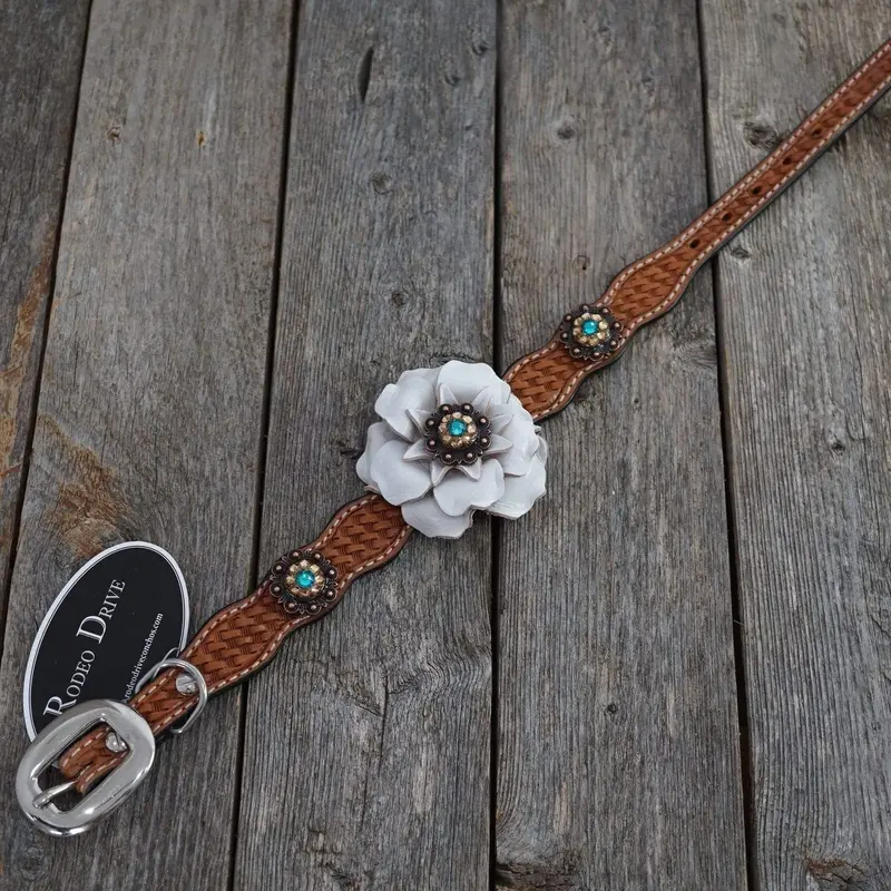 Dc23 -Light Oil Genuine Leather Dog Collar - White Flower & Copper Conchos 10"-22" 1