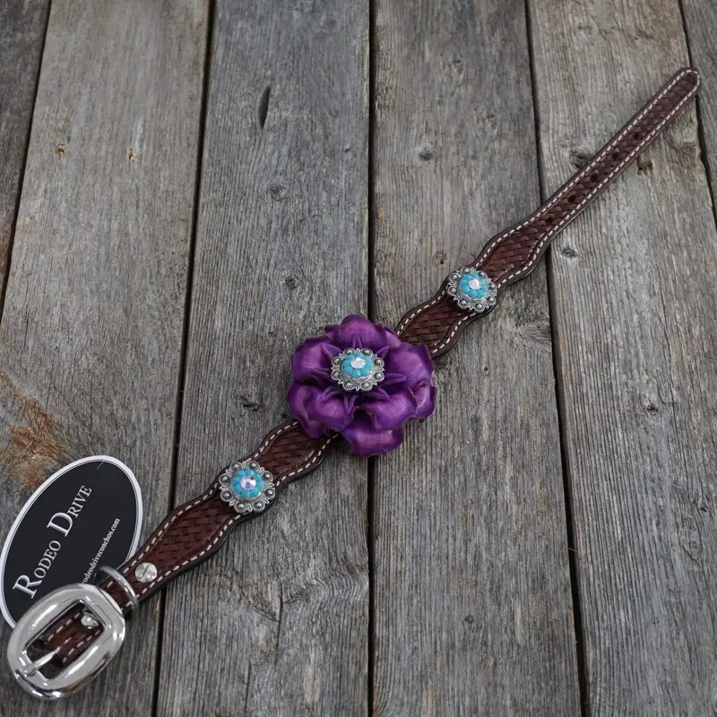 Dc26 -Medium Oil Genuine Leather Dog Collar - Purple Flower & Antique Silver Conchos 10"To 22" 1