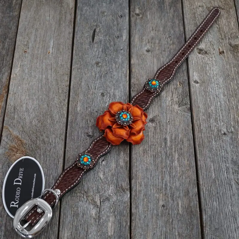 Dc27 -Medium Oil Genuine Leather Dog Collar - Orange Flower & Copper Conchos 10" To 22" 1