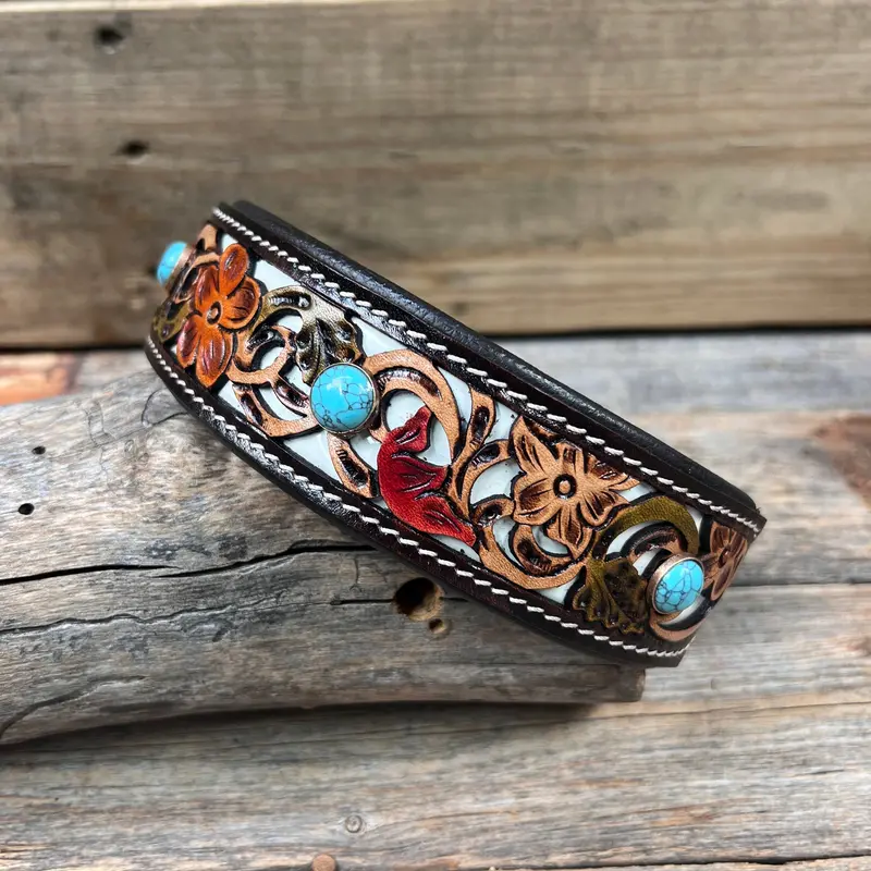 Dc65- Floral White Inlay Wide Dog Collar Sm-Lg Turquoise Cabochons 1