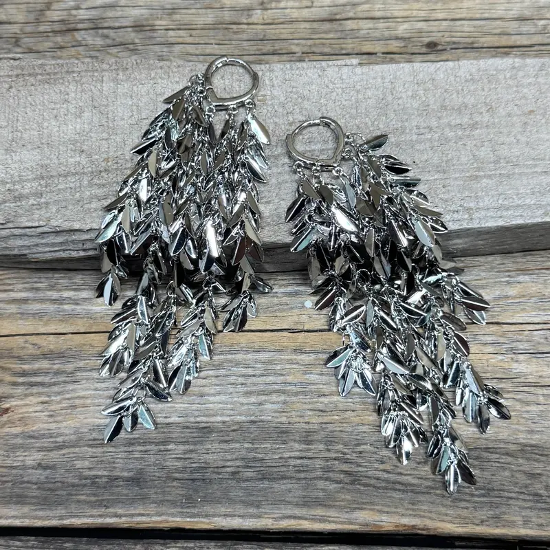 Dusty Trails Silver Long Leaves Dangle Fashion Earrings 1