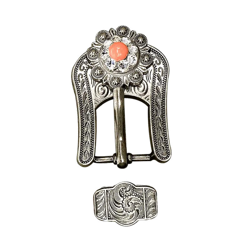 Fashion Coral And Clear Antique Silver European Crystal Buckle And Keeper Set 1