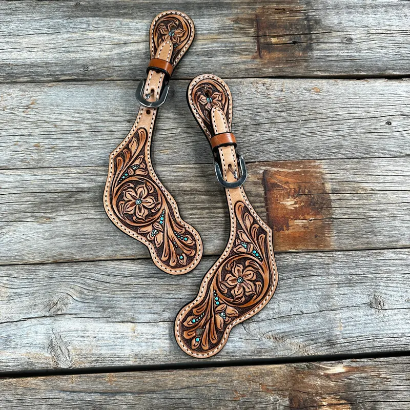 Floral And Teal Dot Tooled Spur Straps 1