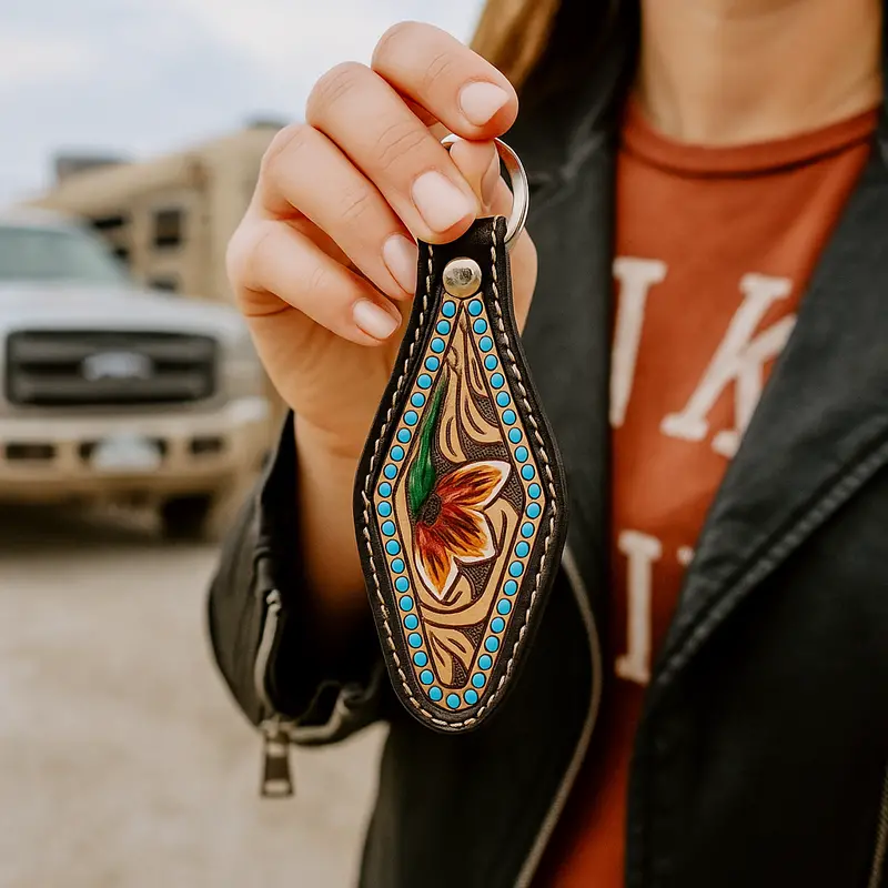 Floral Leather Hand Painted Key Chain 1