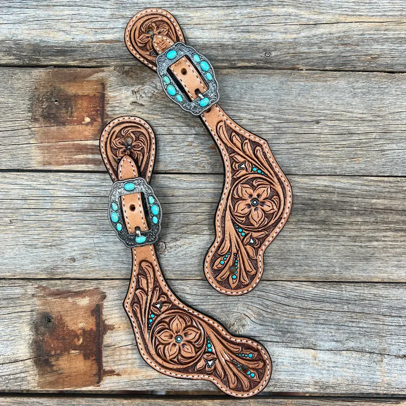 Floral Teal Dot Antique Silver Turquoise Spur Straps #Ss125 1