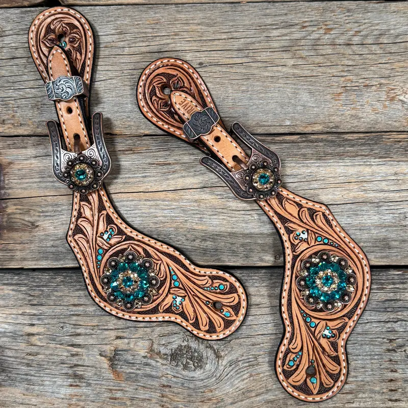 Floral Teal Dot Spur Straps - Copper Teal, Champagne #Ss133 1