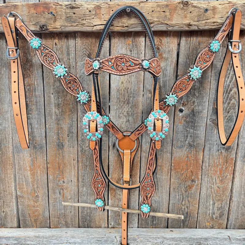 Floral Teal Dot Turquoise - Clear Browband/One Ear Headstall - Breastcollar Tack Set #Bbbc669 1