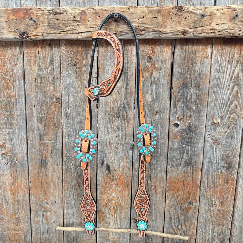 Floral Teal Dot Turquoise - Clear Browband/One Ear Headstall - Breastcollar Tack Set #Bbbc669 4