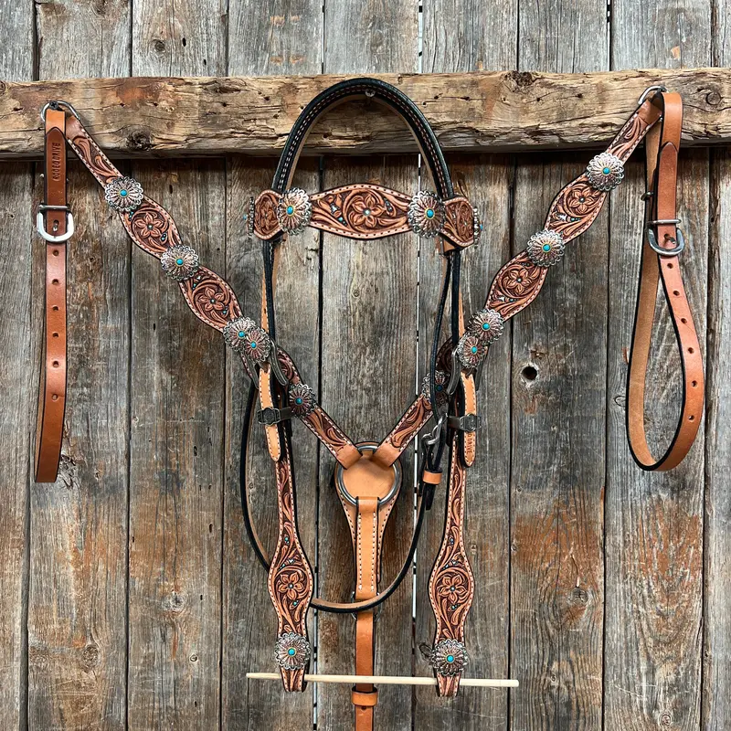 Floral Teal Dot Western Floral Browband/One Ear Headstall & Breastcollar Tack Set #Bbbc593 1