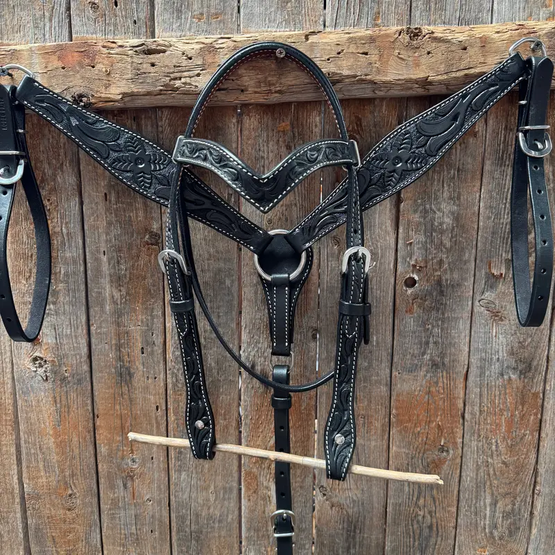 Floral Tooled Black Pony Tack Set #P5066blk 1