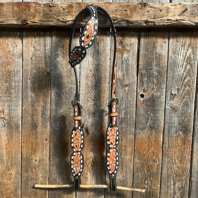 Floral Tooled Buckstitch One Ear Headstall / Bridle 1