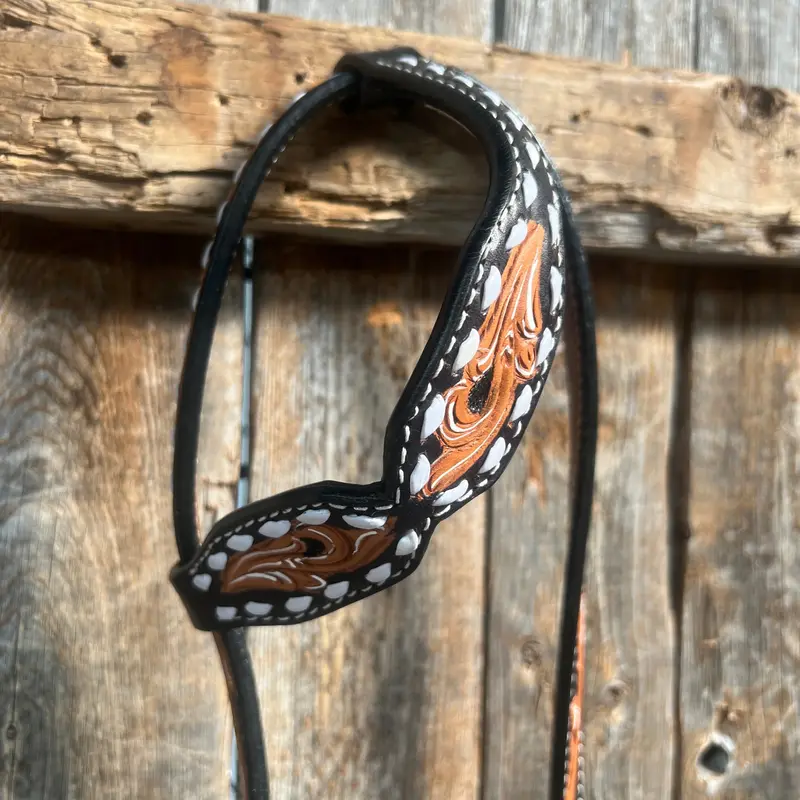 Floral Tooled Buckstitch One Ear Headstall / Bridle 2