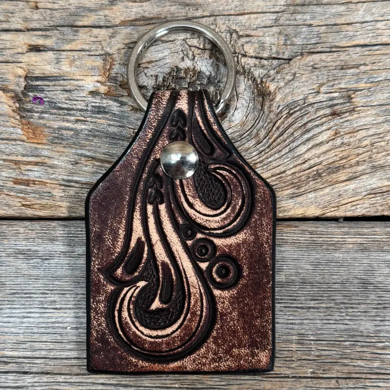 Floral Tooled Cow Tag Leather Key Chain 1