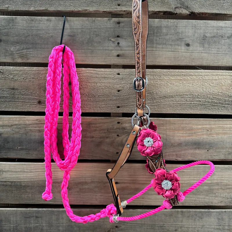 Floral Tooled Lariat & Leather Combo Halter #Lh102 1