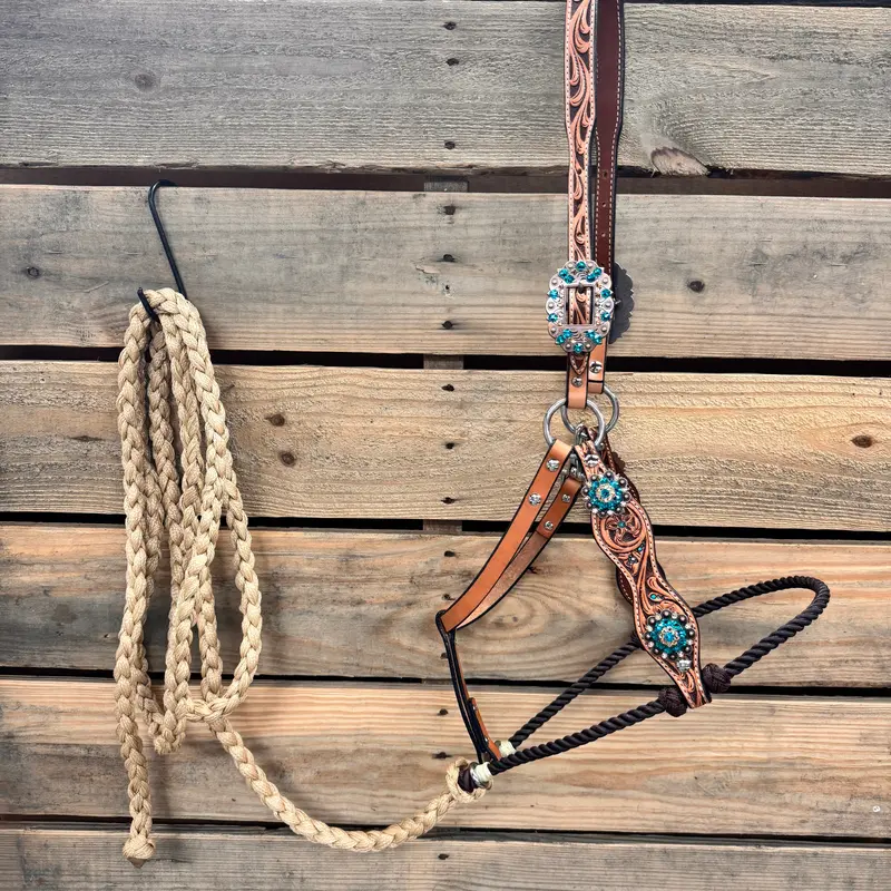 Floral Tooled Lariat & Leather Combo Halter #Lh103 1