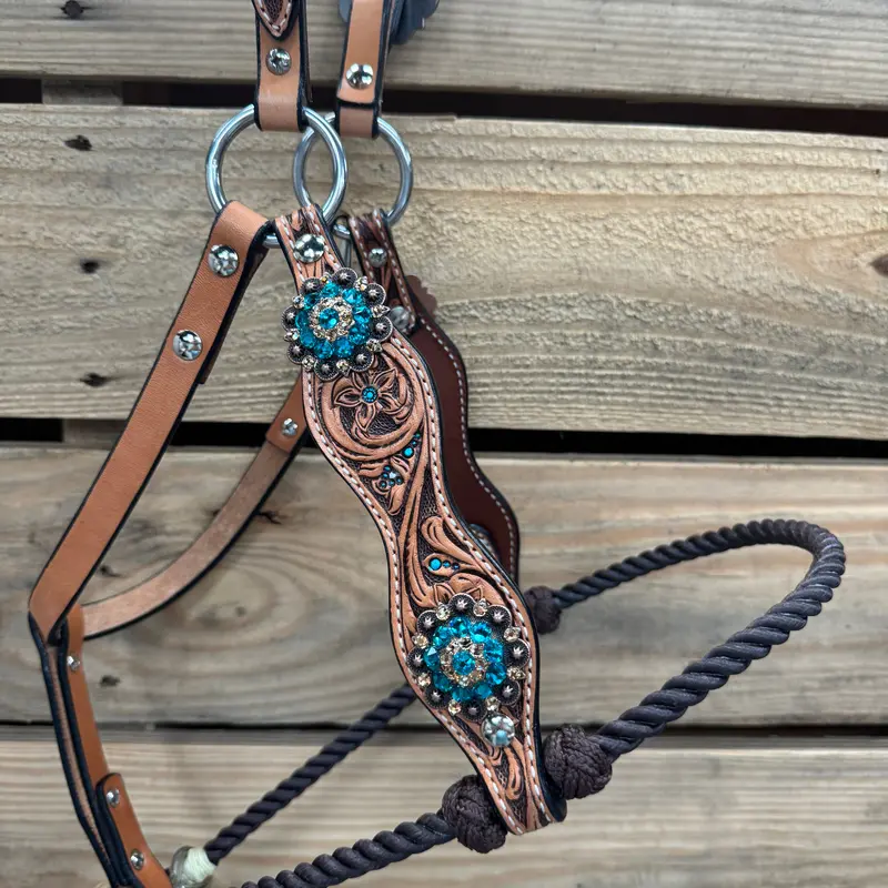 Floral Tooled Lariat & Leather Combo Halter #Lh103 2
