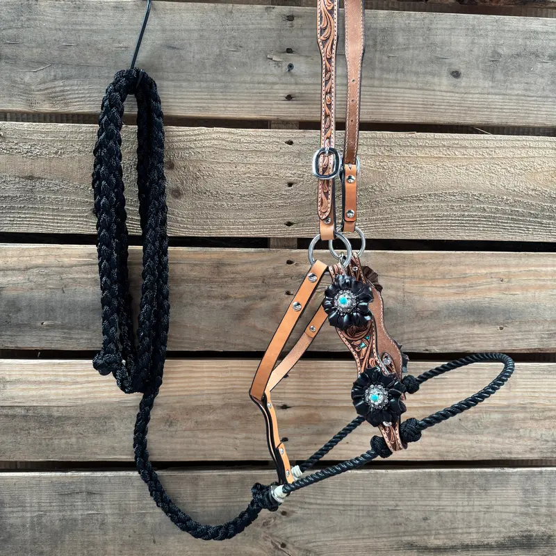 Floral Tooled Lariat & Leather Combo Halter #Lh106 1