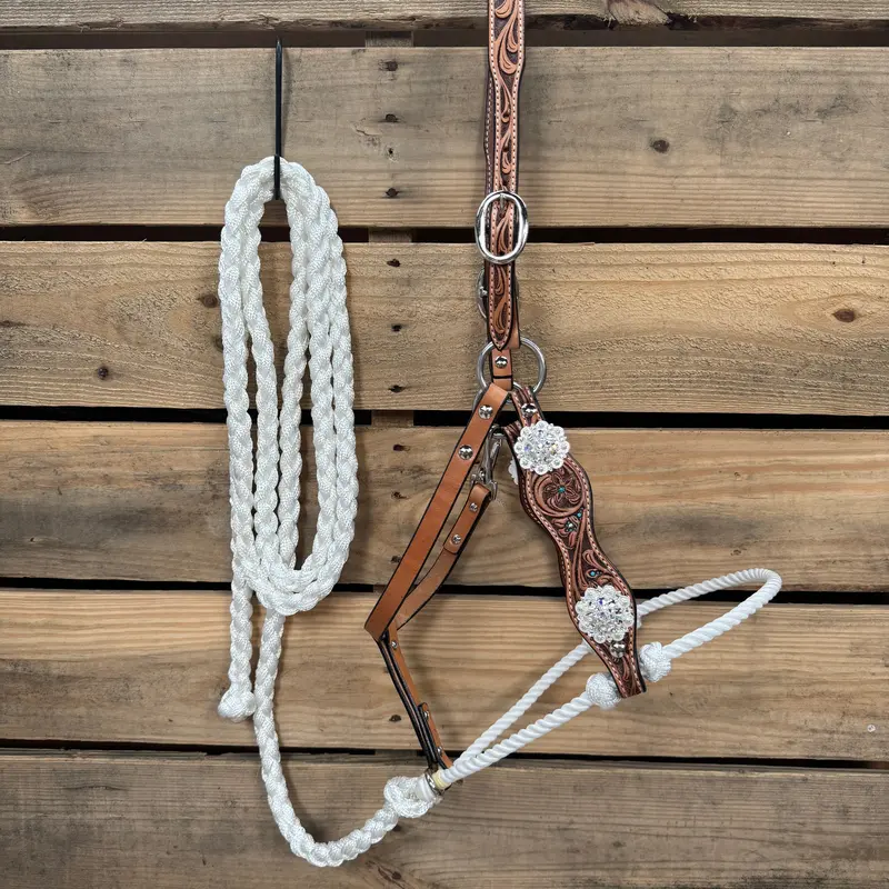 Floral Tooled Lariat & Leather Combo Halter #Lh109 1