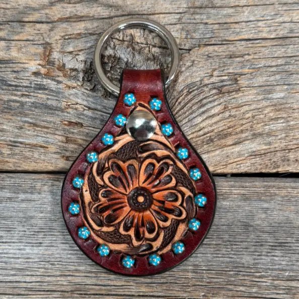Floral Turquoise Studded Leather Key Chain 1