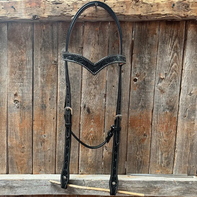 Floral V Browband Black Draft Headstall / Bridle 1