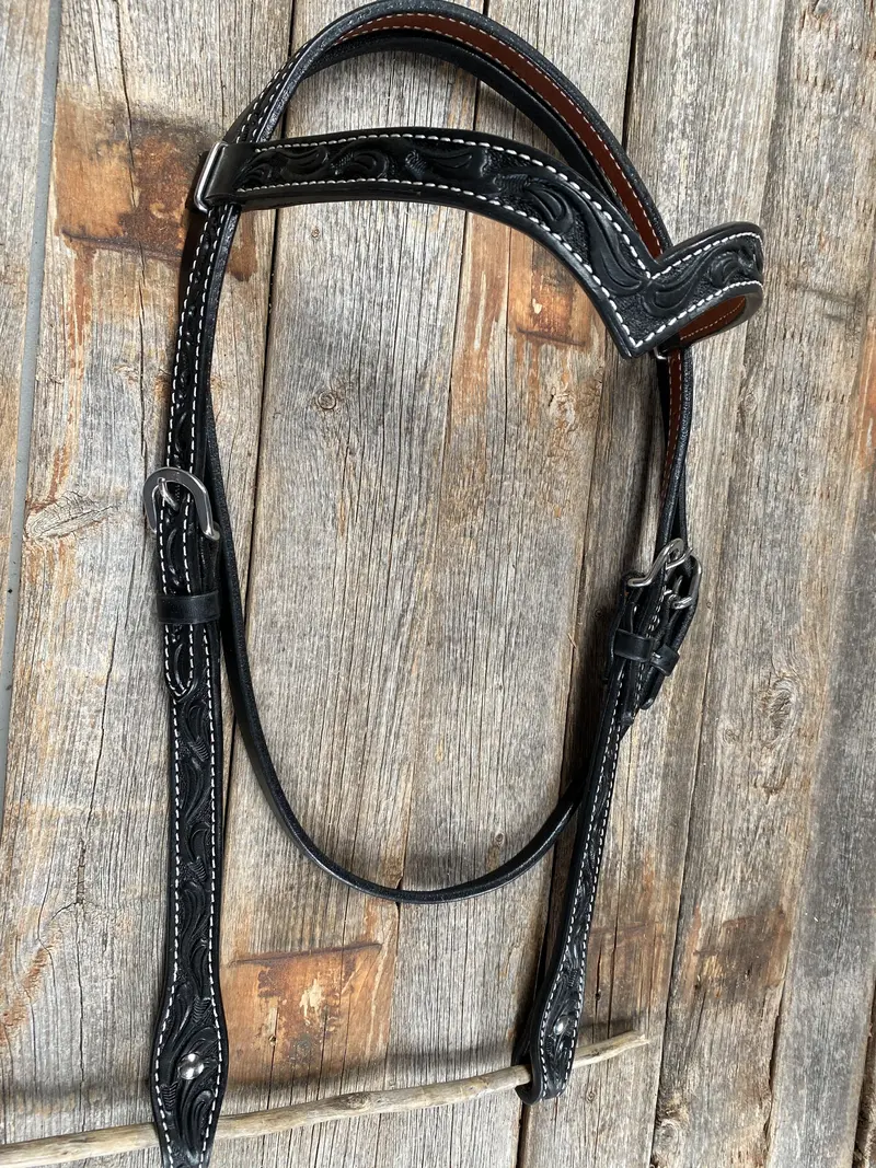 Floral V Browband Black Headstall / Bridle 1