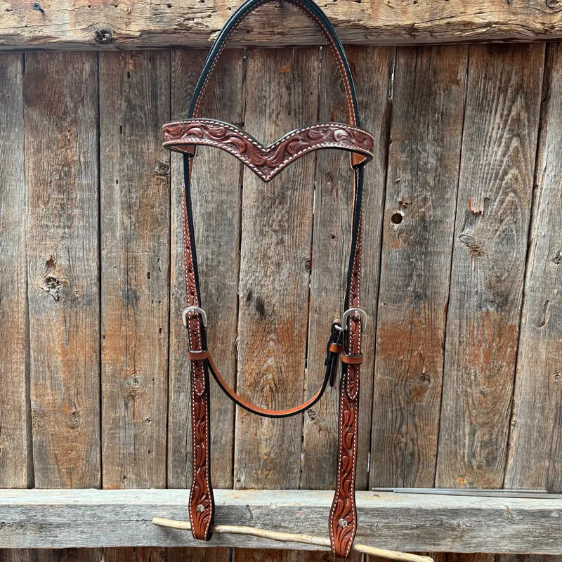 Floral V Browband Medium Oil Draft Headstall / Bridle 1