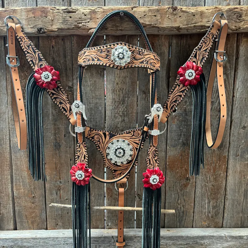 Floral Whipstitch Black And Red Browband / One Ear - Triangle / Gladiator Breastcollar Tack Set #Bbbc642 1