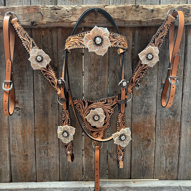 Floral Whipstitch Champagne And Clear Browband - Triangle / Gladiator Breastcollar Tack Set #Bbbc462 1