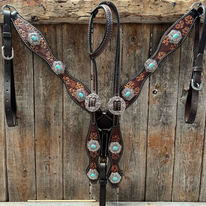 Flower Power Antique Silver And Turquoise One Ear Headstall & Breastcollar Tack Set #Oebc429 1