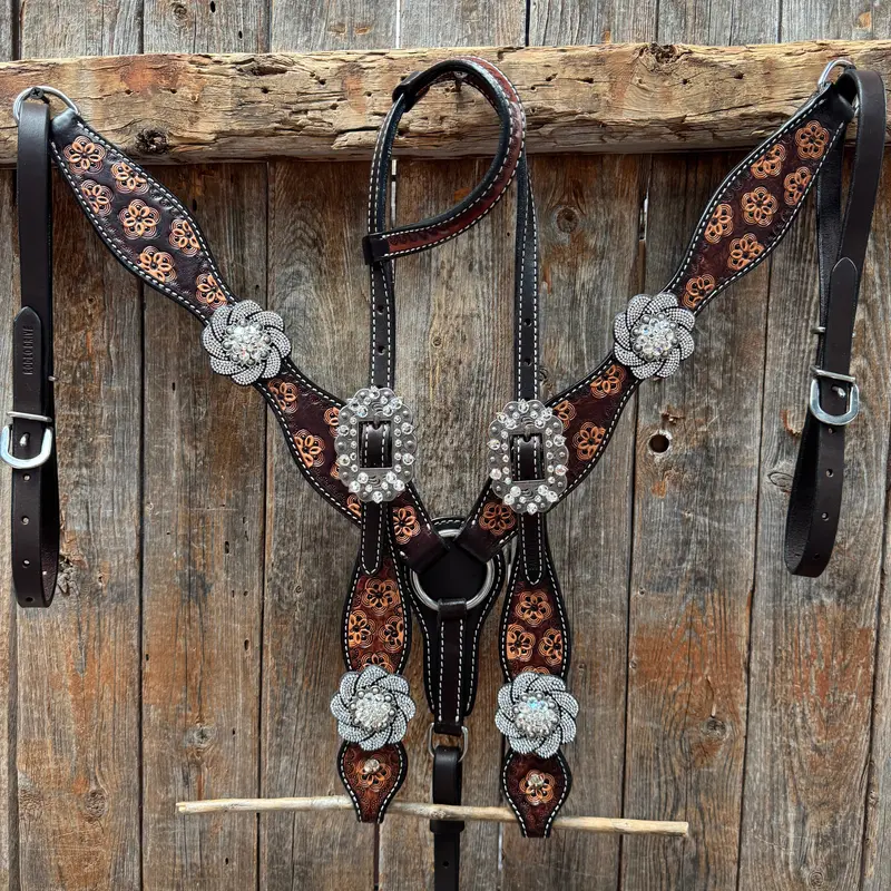 Flower Power Black And Clear One Ear Headstall & Breastcollar Tack Set #Oebc656 1