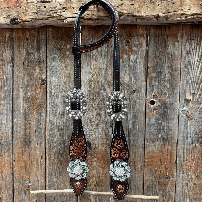 Flower Power Black And Clear One Ear Headstall & Breastcollar Tack Set #Oebc656 2