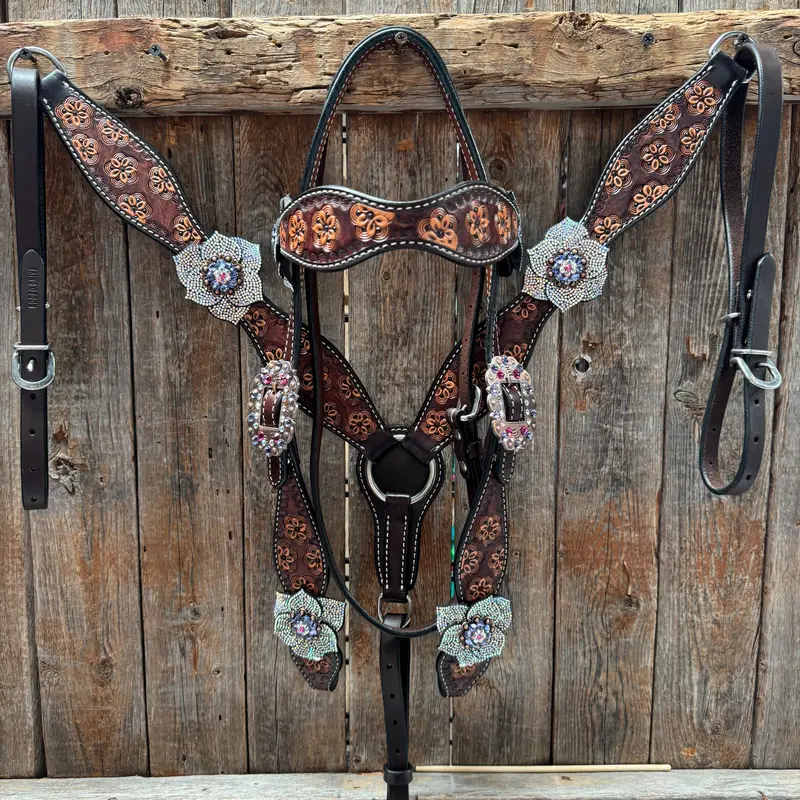 Flower Power Fuchsia, Ab And Lilac Browband Headstall & Breastcollar Tack Set #Bbbc466 1