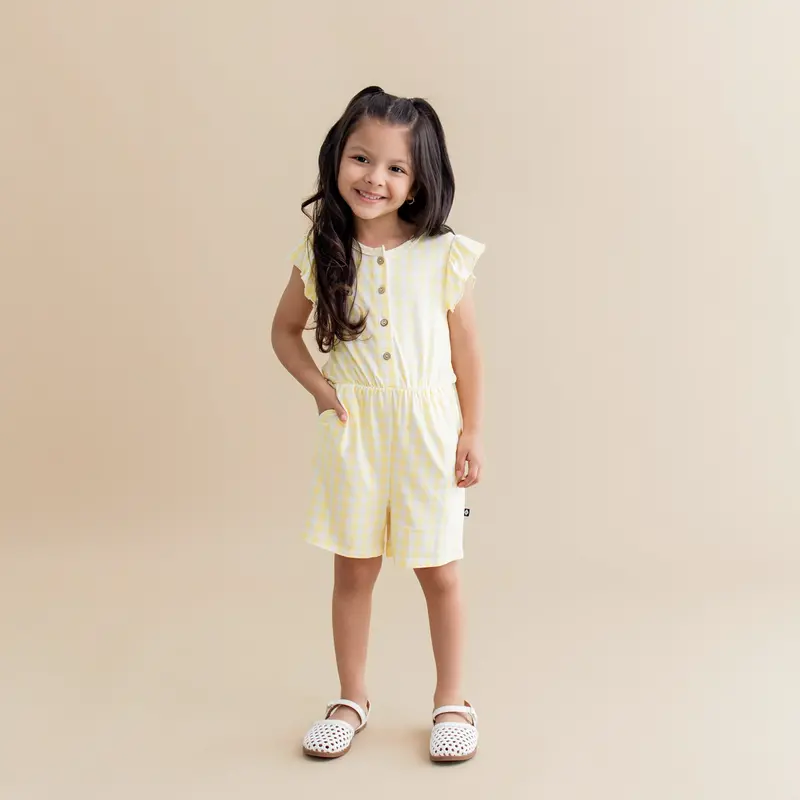 Flutter Sleeve Romper In Gingham Chamomile 1