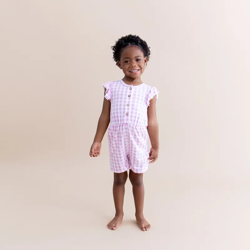 Flutter Sleeve Romper In Gingham Thistle 1