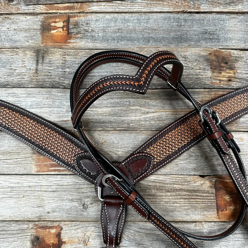 Foxtail Tooled Two Tone Browband / One Ear Breastcollar Tack Sets 1