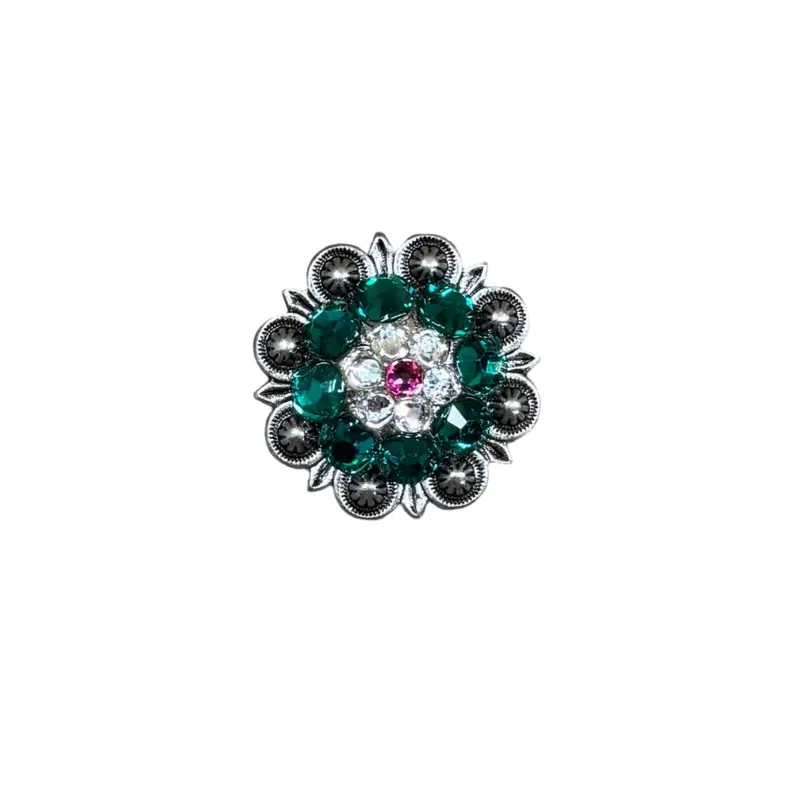 Fuchsia, Clear & Emerald Antique Silver 1.25" European Crystal Concho 1