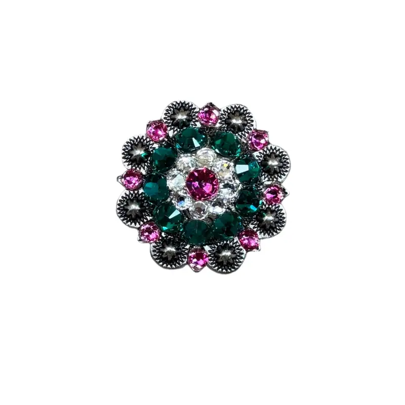 Fuchsia, Clear & Emerald Antique Silver 1.5" European Crystal Concho 1