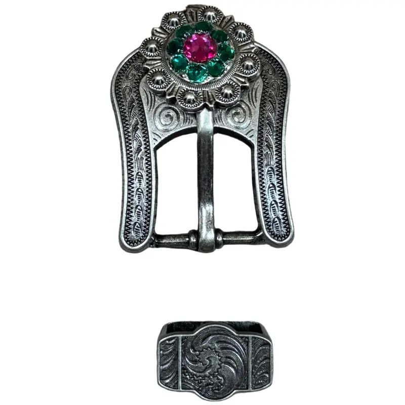 Fuchsia, Clear & Emerald Antique Silver Buckle Keeper Set European Crystal Concho 1