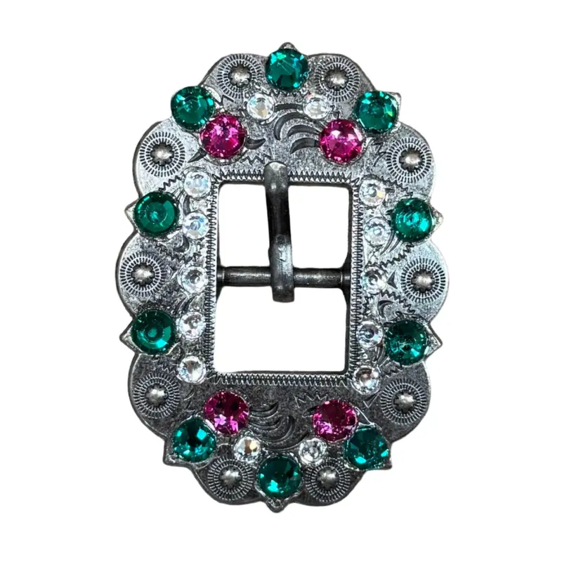 Fuchsia, Clear & Emerald Antique Silver Cart Buckle European Crystal Concho 1