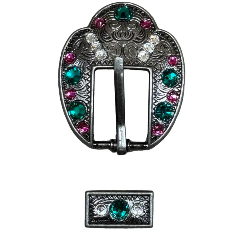 Fuchsia, Clear & Emerald Antique Silver Fancy Buckle European Crystal Concho 1