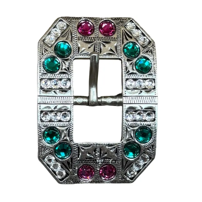 Fuchsia, Clear & Emerald Antique Silver Square Cart Buckle European Crystal Concho 1