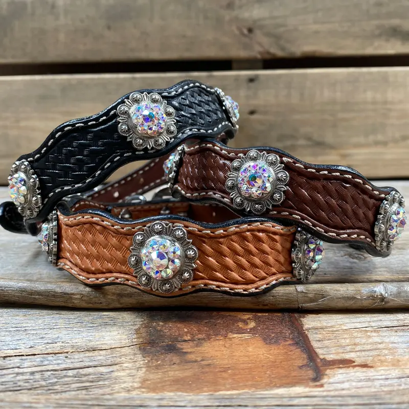 Genuine Leather Dog Collar With Antique Silver Ab Conchos 10" To 22" -Dc42 1