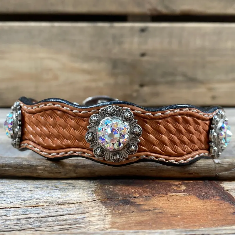 Genuine Leather Dog Collar With Antique Silver Ab Conchos 10" To 22" -Dc42 2