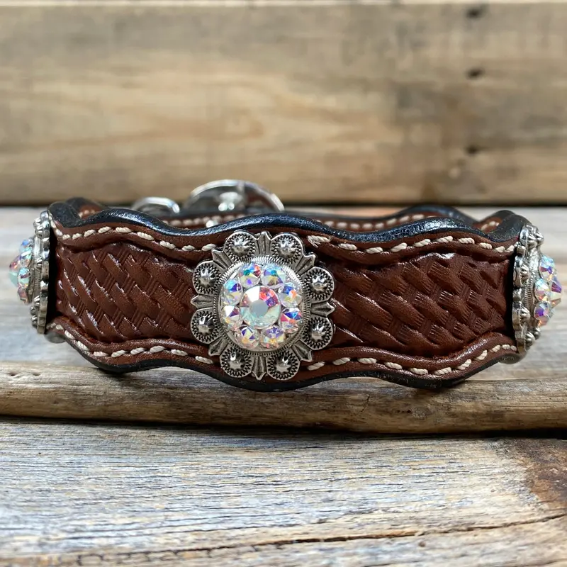 Genuine Leather Dog Collar With Antique Silver Ab Conchos 10" To 22" -Dc42 3