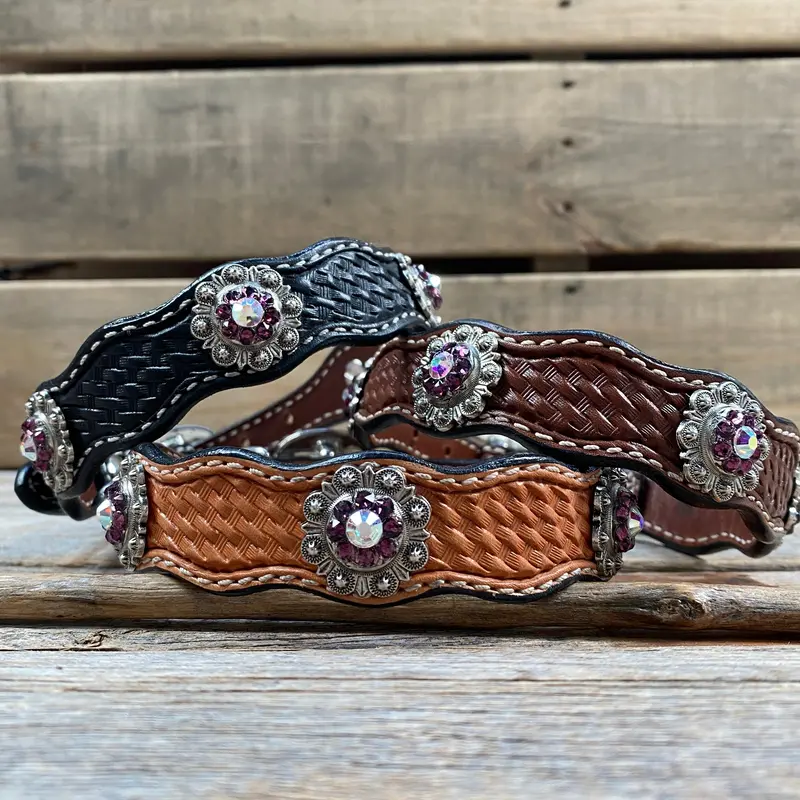 Genuine Leather Dog Collar With Antique Silver Amethyst And Ab  Conchos 10" To 22" -Dc46 1