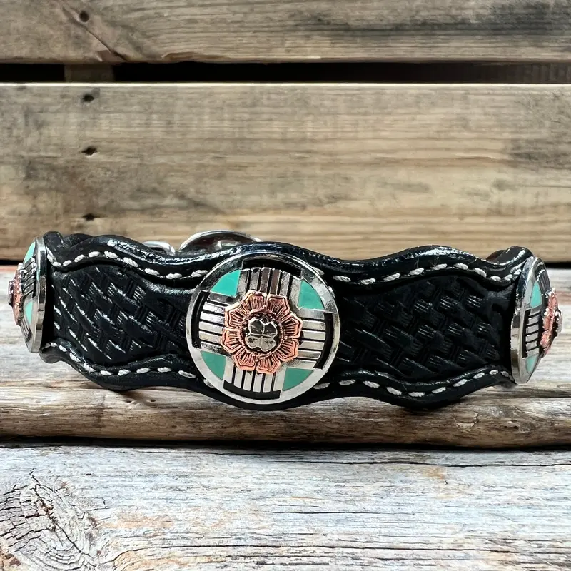 Genuine Leather Dog Collar With Antique Silver And Copper Flower Conchos 10" To 22" W190s -Dc62 4