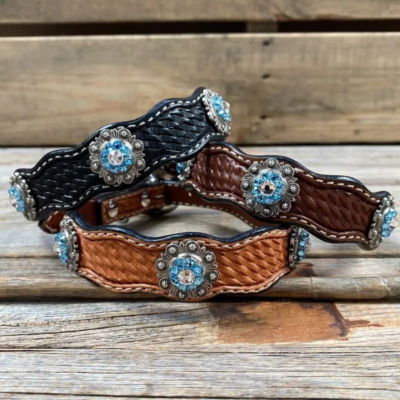 Genuine Leather Dog Collar With Antique Silver Aqua And Clear Conchos 10" To 22" -Dc39 1