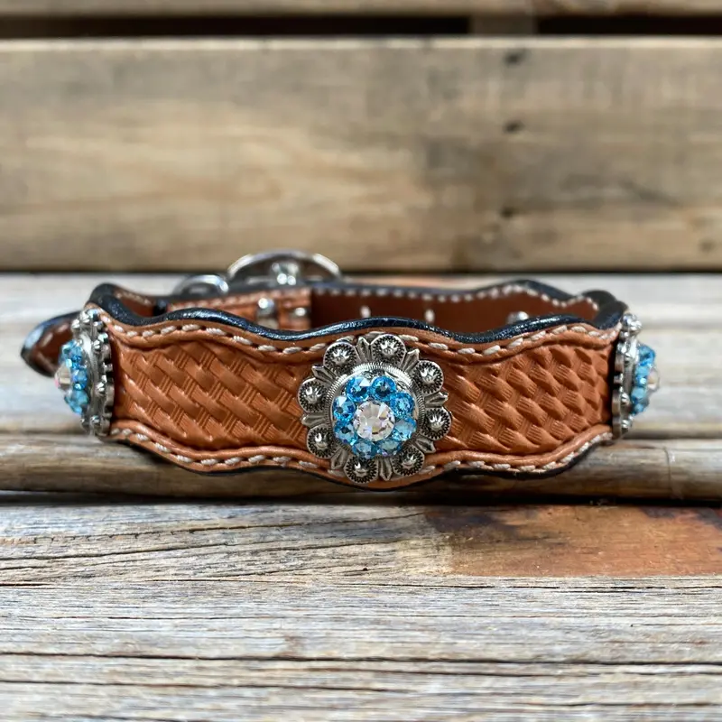 Genuine Leather Dog Collar With Antique Silver Aqua And Clear Conchos 10" To 22" -Dc39 2